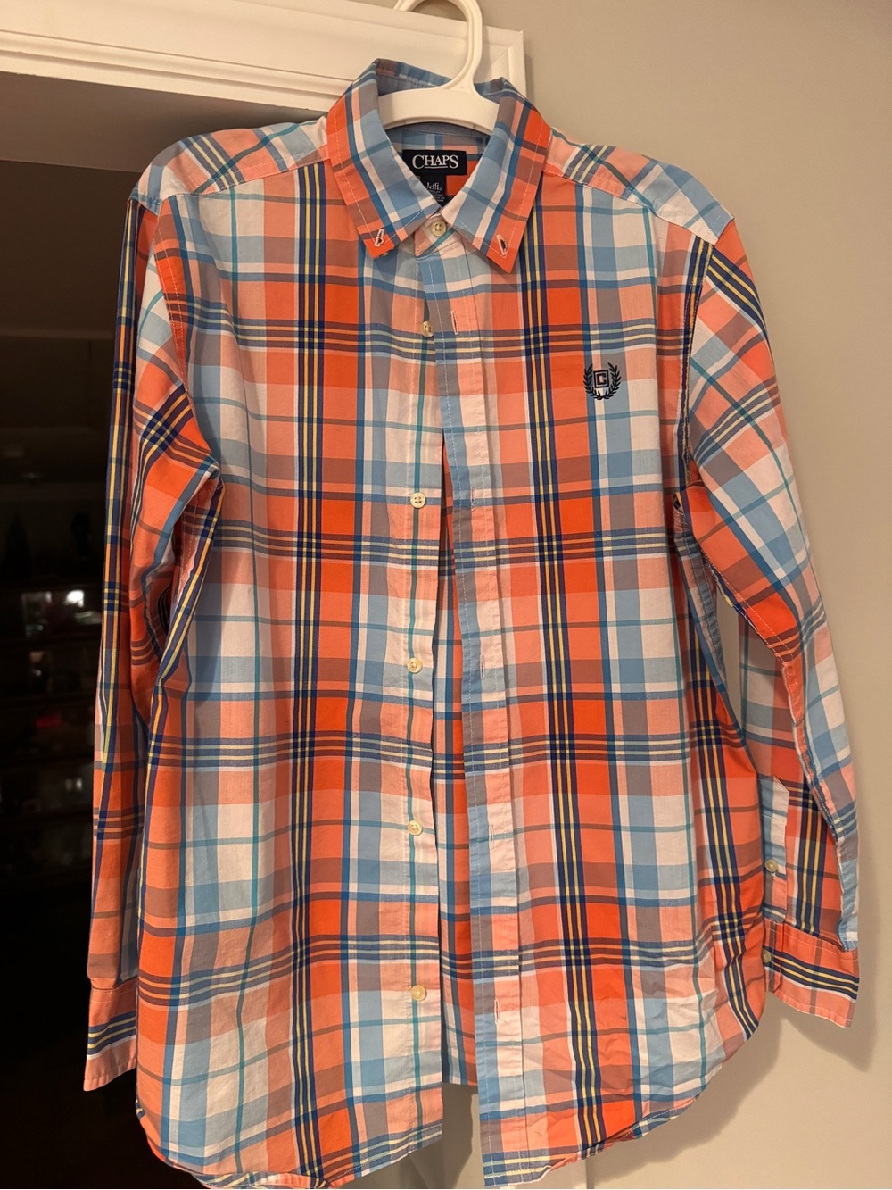Chaps Boy’s Orange, Light Blue & White Plaid Button-Down Shirt